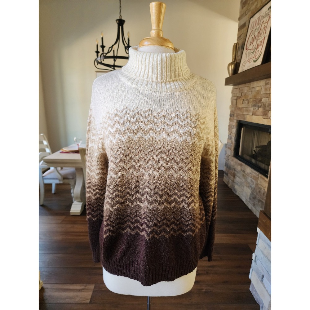 VTG Y2K Carolyn Taylor Knit Brown Zigzag Ombre Chevron Preppy Turtleneck Sweater